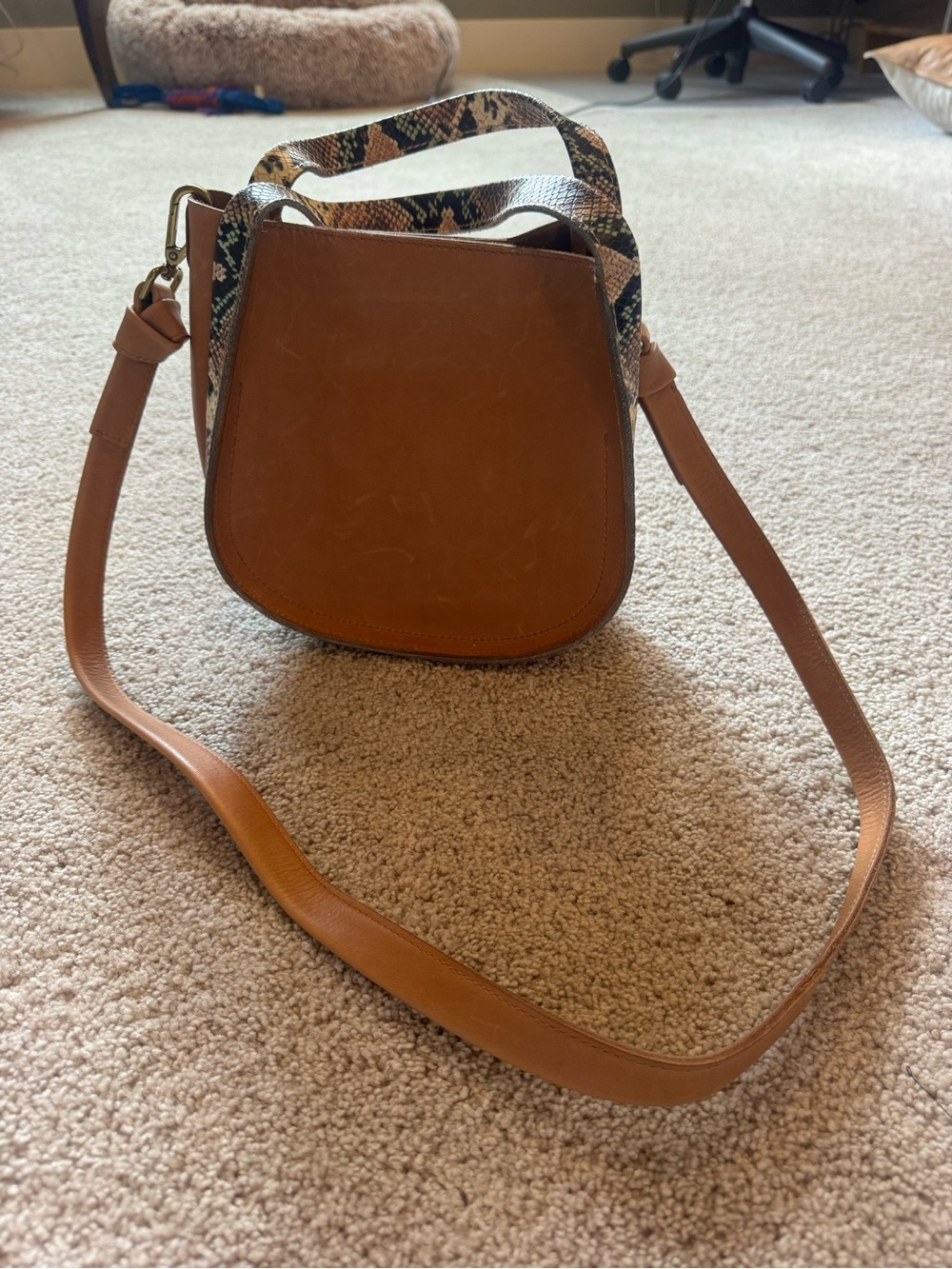 Madewell Leather Crossbody Saddle Bag with Snake-Print Strap - Tan